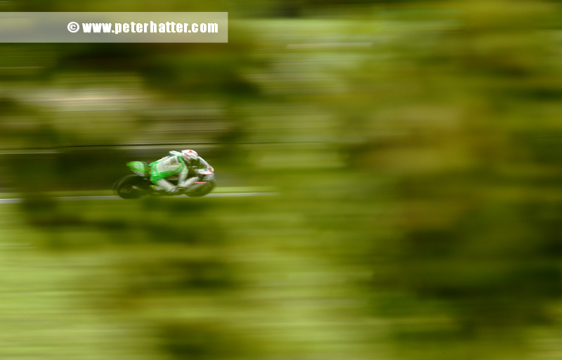 Motorcycle racer panned behind trees.