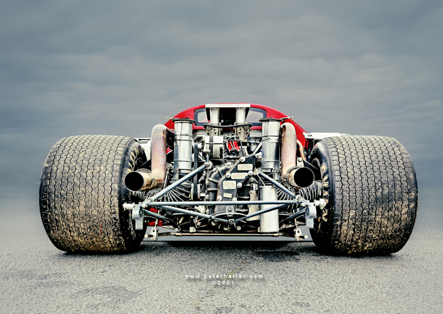 Engine and rear view of a Lola T70.